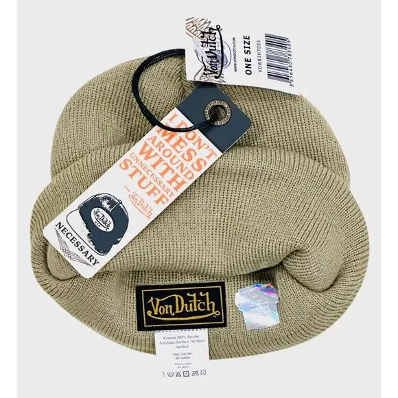 Von Dutch Embroidered Taupe Khaki Skull Beanie - Picture 5 of 6